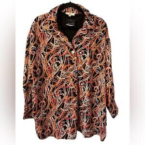 ENTRO Black Collared Printed Long Sleeve Top V Neck Button Detail‎ Pull Over